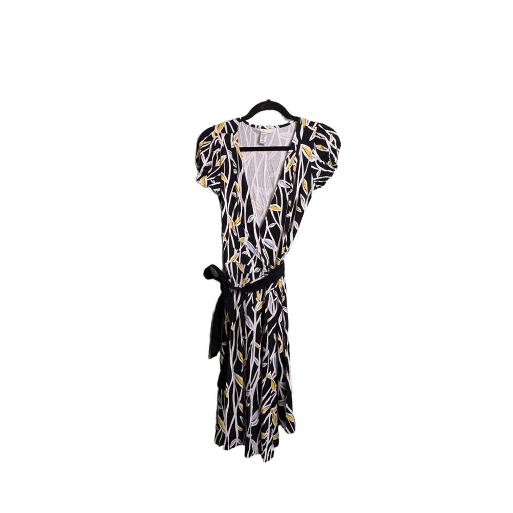Diane Von Furstenberg DVF Antonio Black Yellow Leaf Print V-Neck Wrap Dress 8